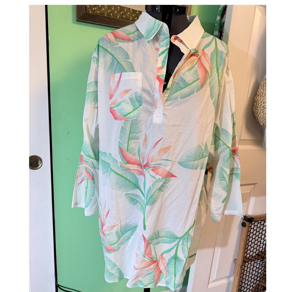 Serra Tunic Top Womens XL White Tropical Floral Excellent Cotton 3/4 Sleeve